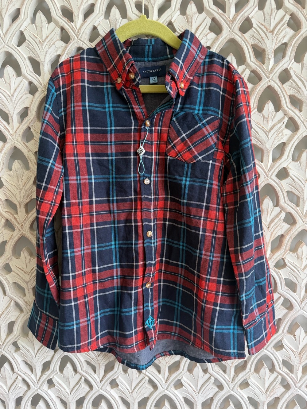 Andy & Evan Red and Navy Plaid Button-Down Shirt, NWOT